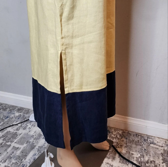 100% Linen Maxi Dress Modern Element Cream Yellow Blue Colorblock Small Petite. - Picture 2 of 16